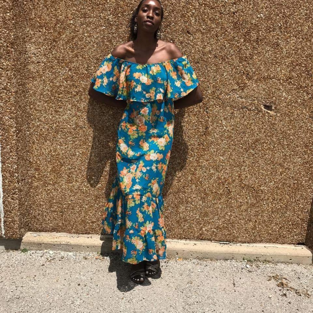 Off shoulder Floral Ruffle Maxi Dress- Teal